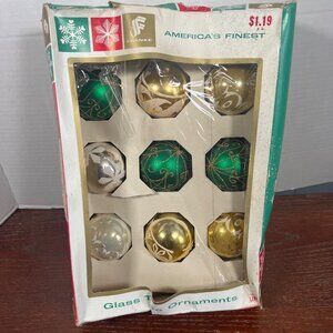 Vintage 2 1/4" Glass Tree Ornaments 9 Pcs Gold & Green By Franke Made In USA E4